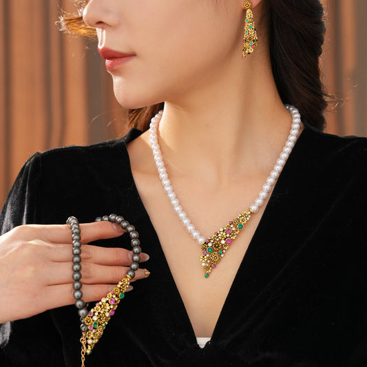 Vintage Baroque Pearl Necklace And Earrings Set Colorful Crystal Floral Jewelry Set Elegant Statement Accessories