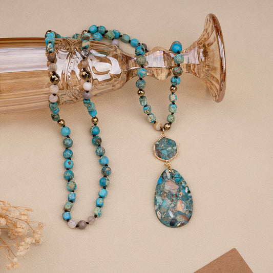 Bohemian-style Natural Stone Blue Teardrop Knotted Necklace