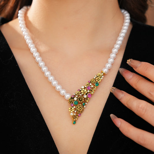 Vintage Baroque Pearl Necklace And Earrings Set Colorful Crystal Floral Jewelry Set Elegant Statement Accessories